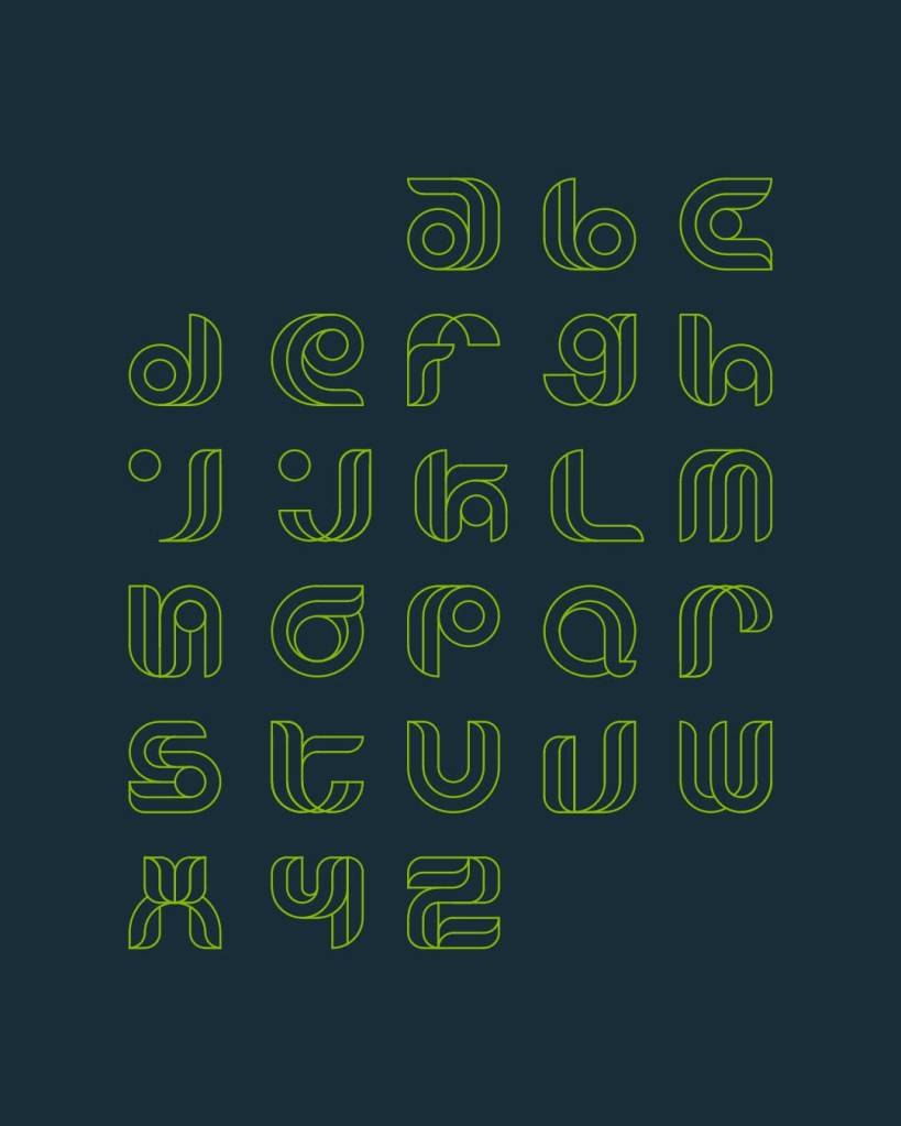 Neon green, thin, rounded, futuristic font, alphabet, uppercase, clean, vector, on dark blue background.
The image shows a font or alphabet in which all the letters are made of lines that are curved to create a rounded effect. The font is green and the background is blue. There are 26 letters in the font, from a to z. They are arranged in 6 rows of 4 letters each.